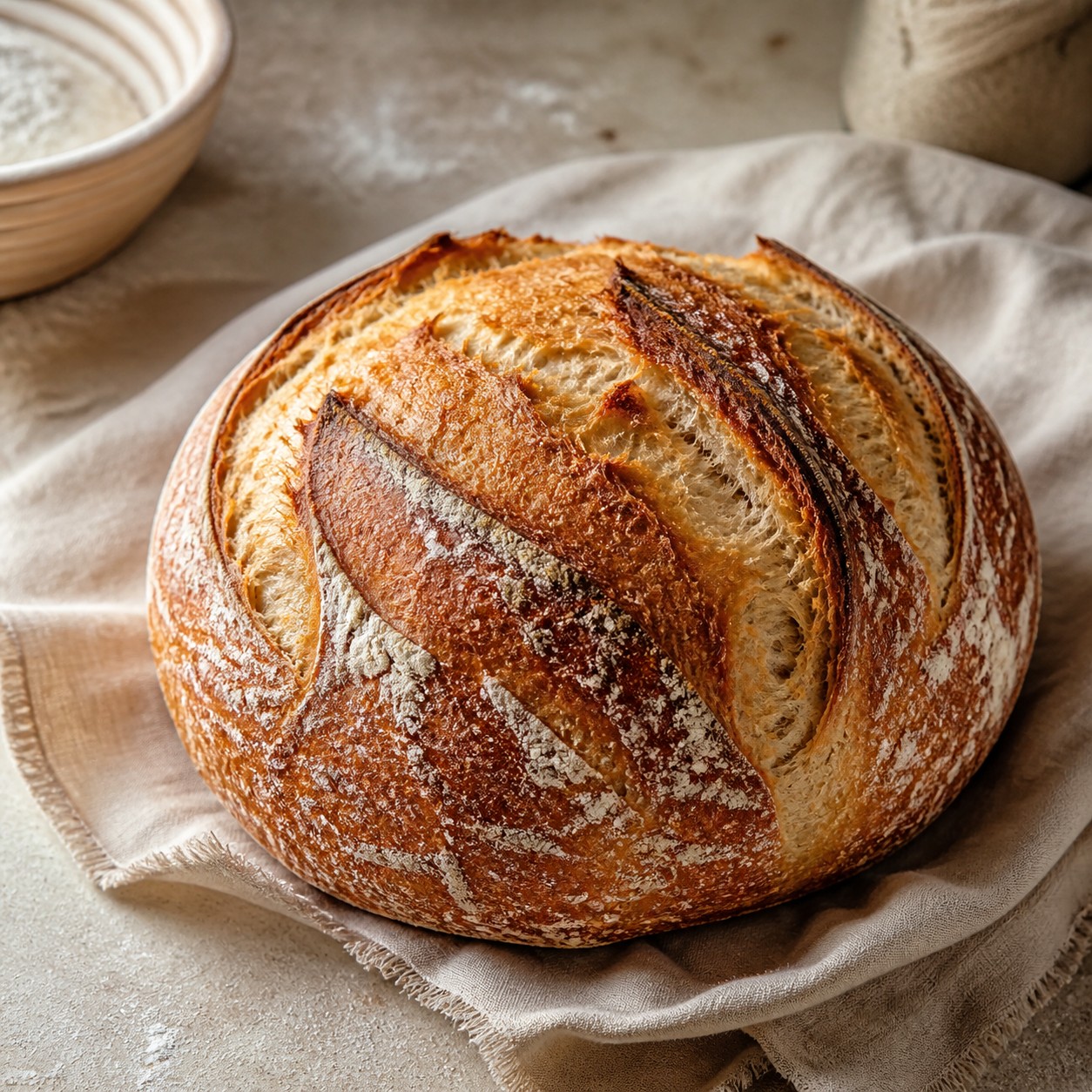 Crusty artisan sourdough loaf on linen