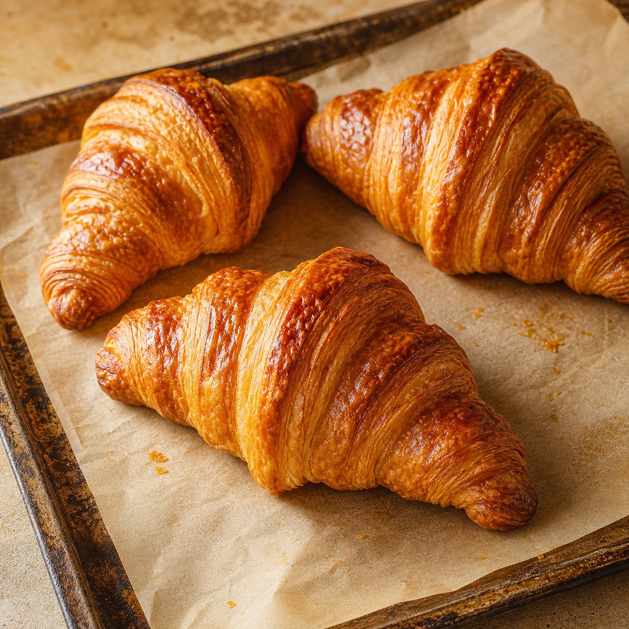 Freshly baked butter croissants on parchment