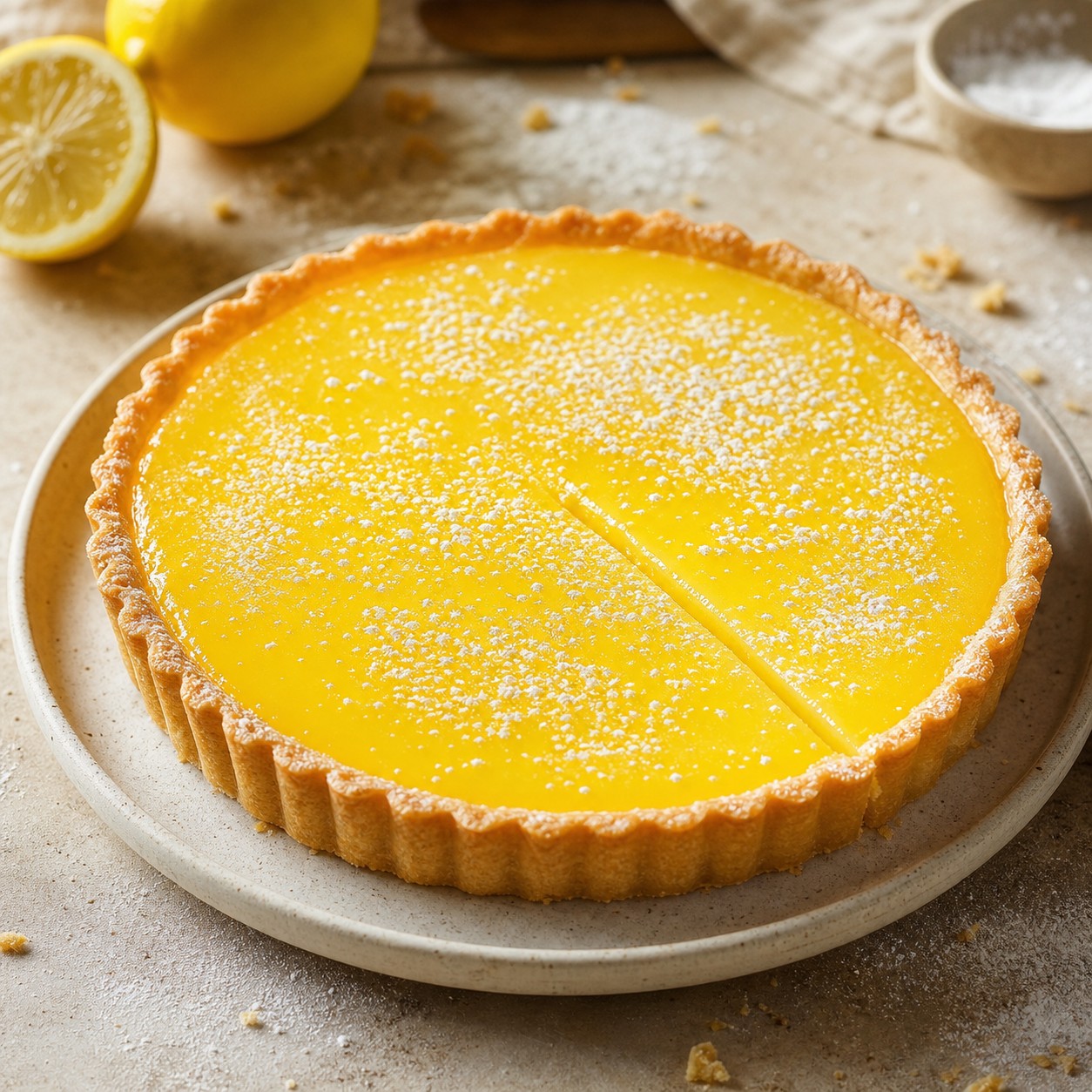 Glossy lemon tart dusted with icing sugar