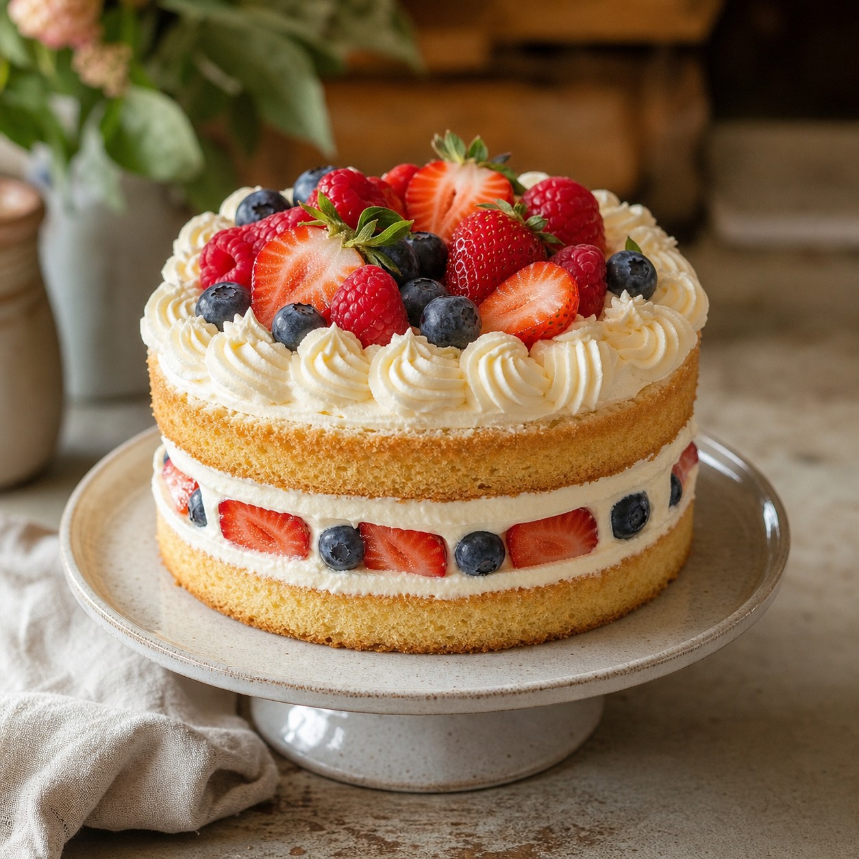 Berry sponge cake with piped cream