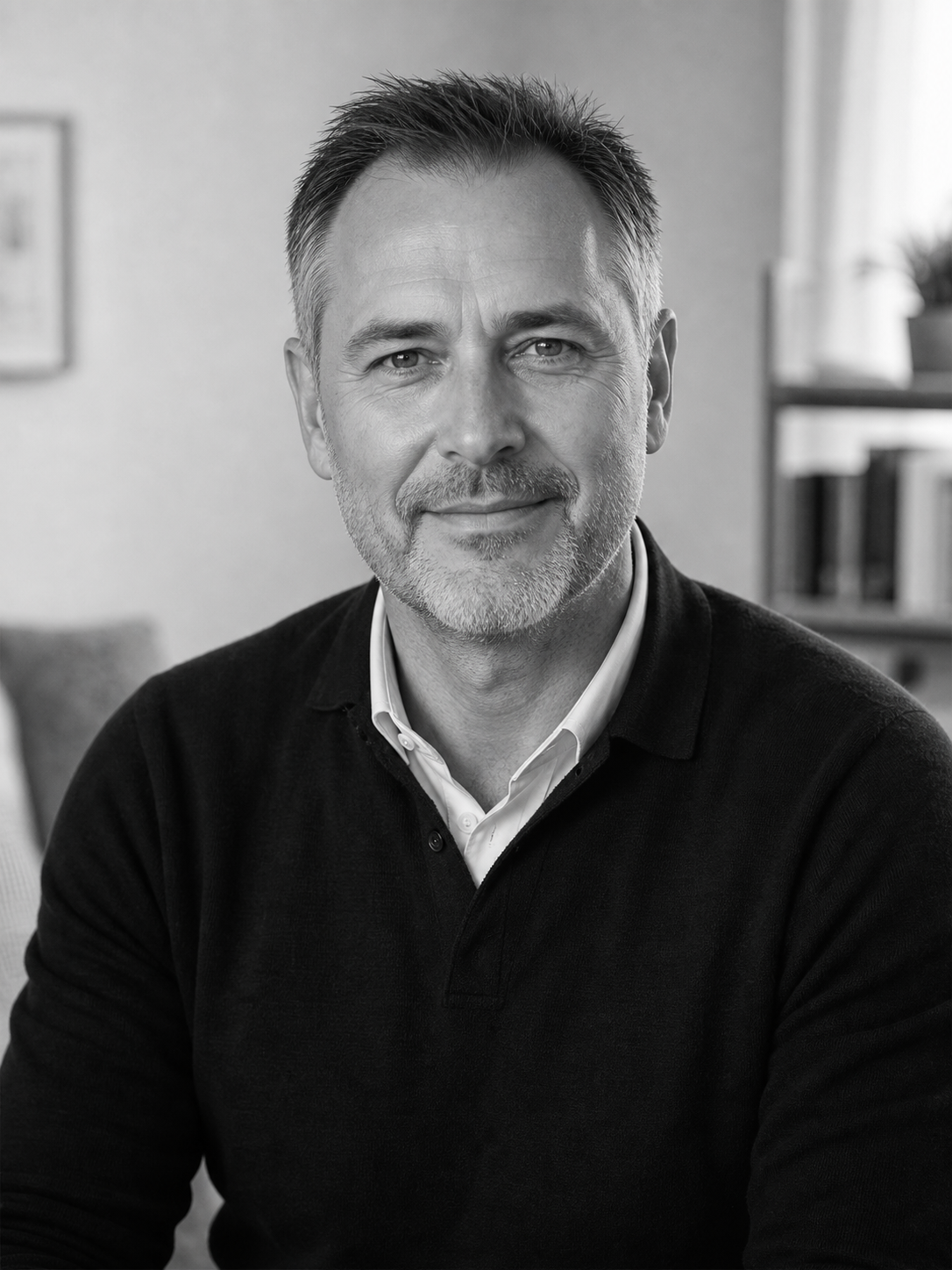 Black and white portrait of Jamie Fearn