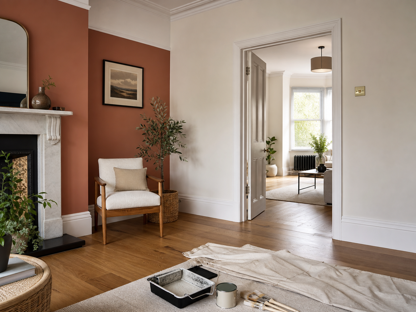 Freshly decorated living room with warm feature wall and tidy painting tools