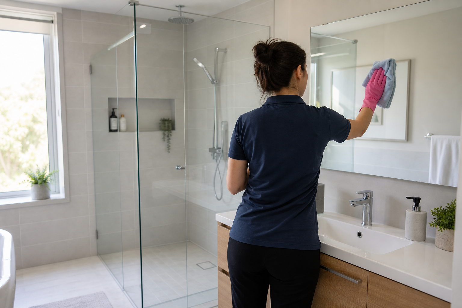Professional cleaner wiping bathroom glass with her back turned