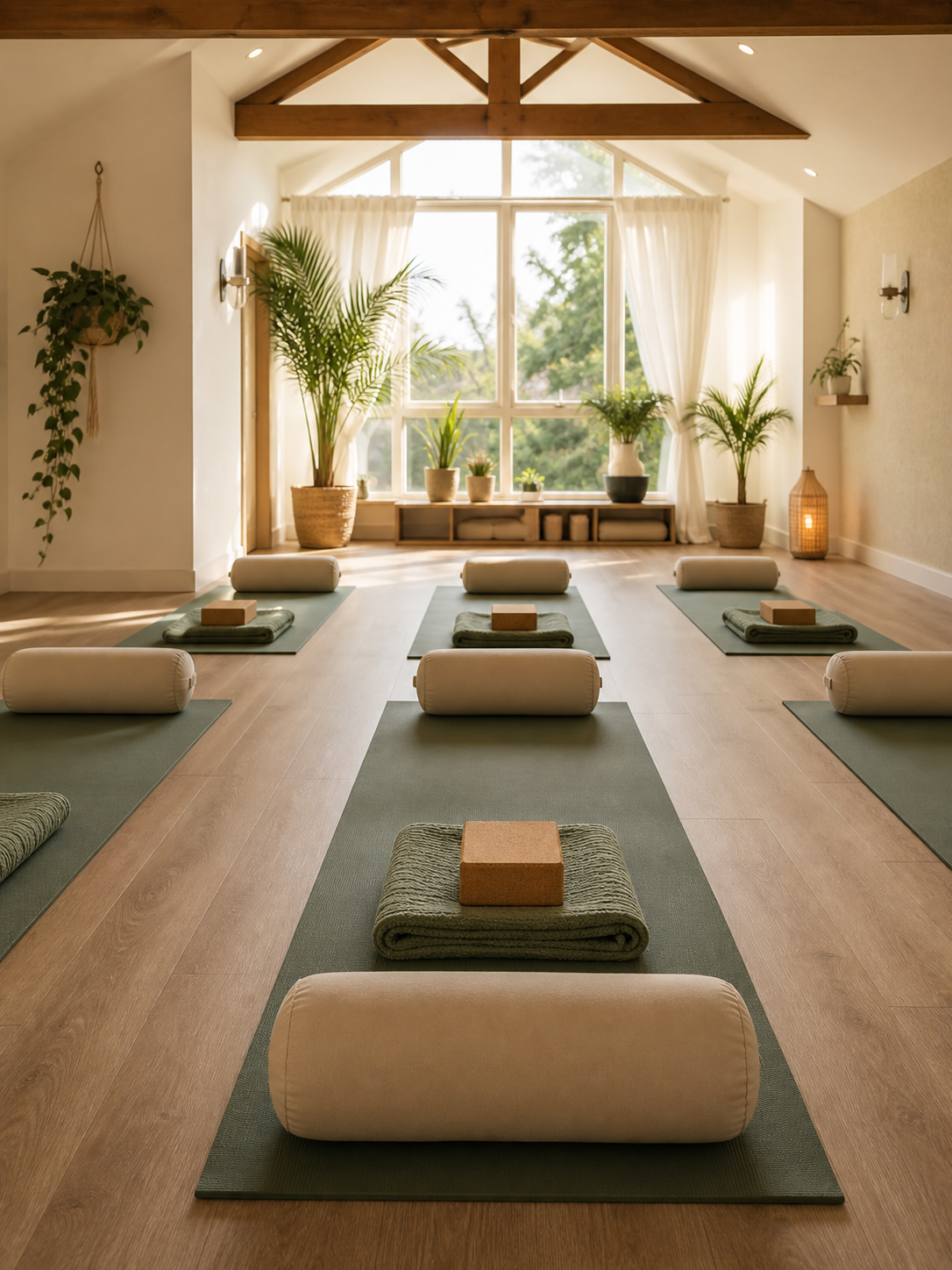 Peaceful yoga studio with mats and natural daylight