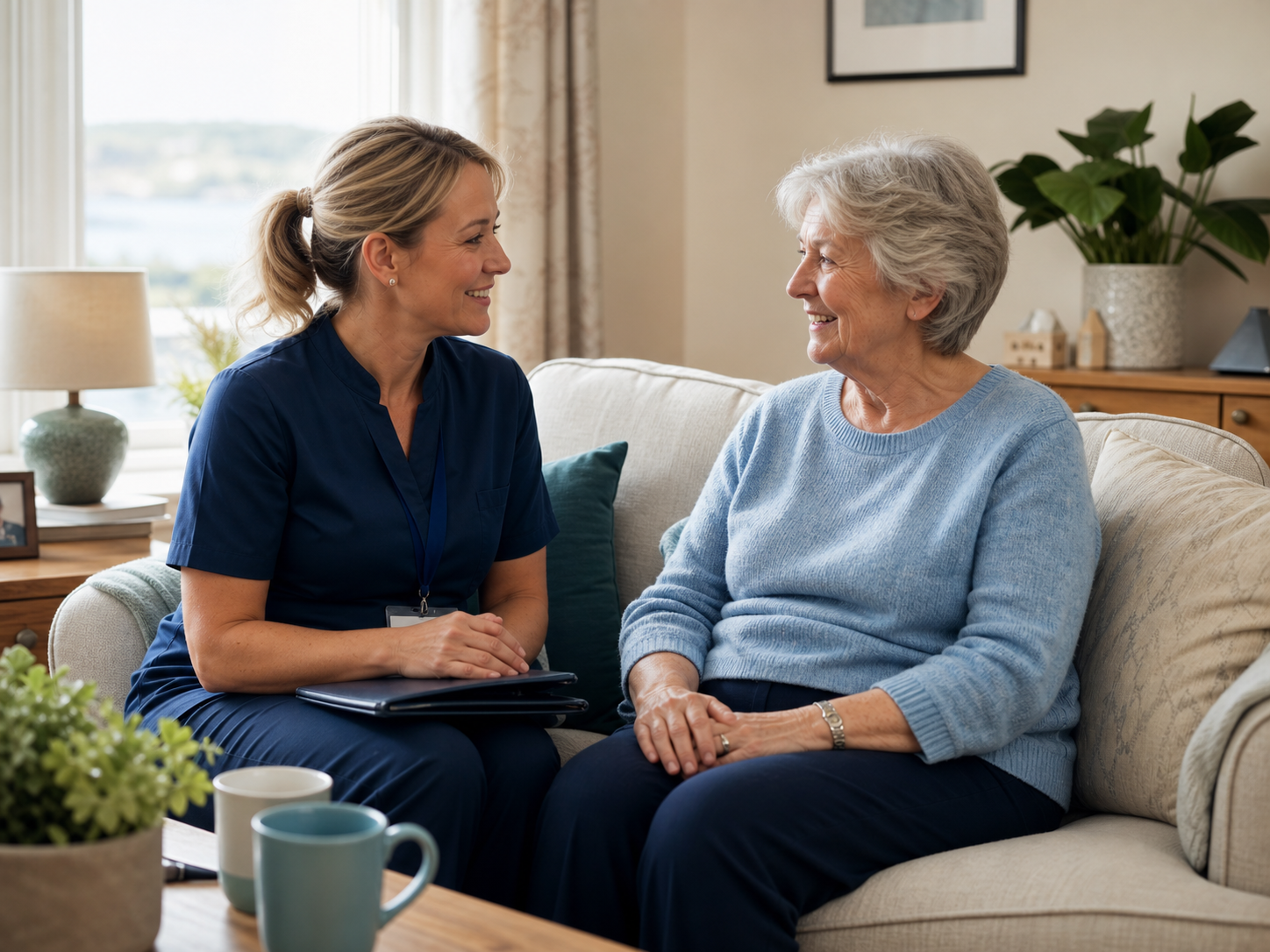 Compassionate home care visit in a comfortable living room